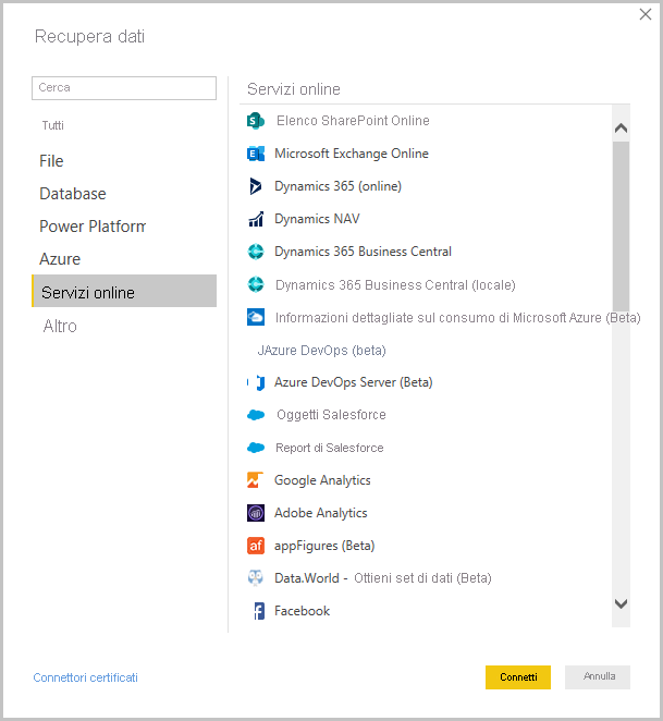 Screenshot of Power BI Desktop showing the Get Data dialog box.