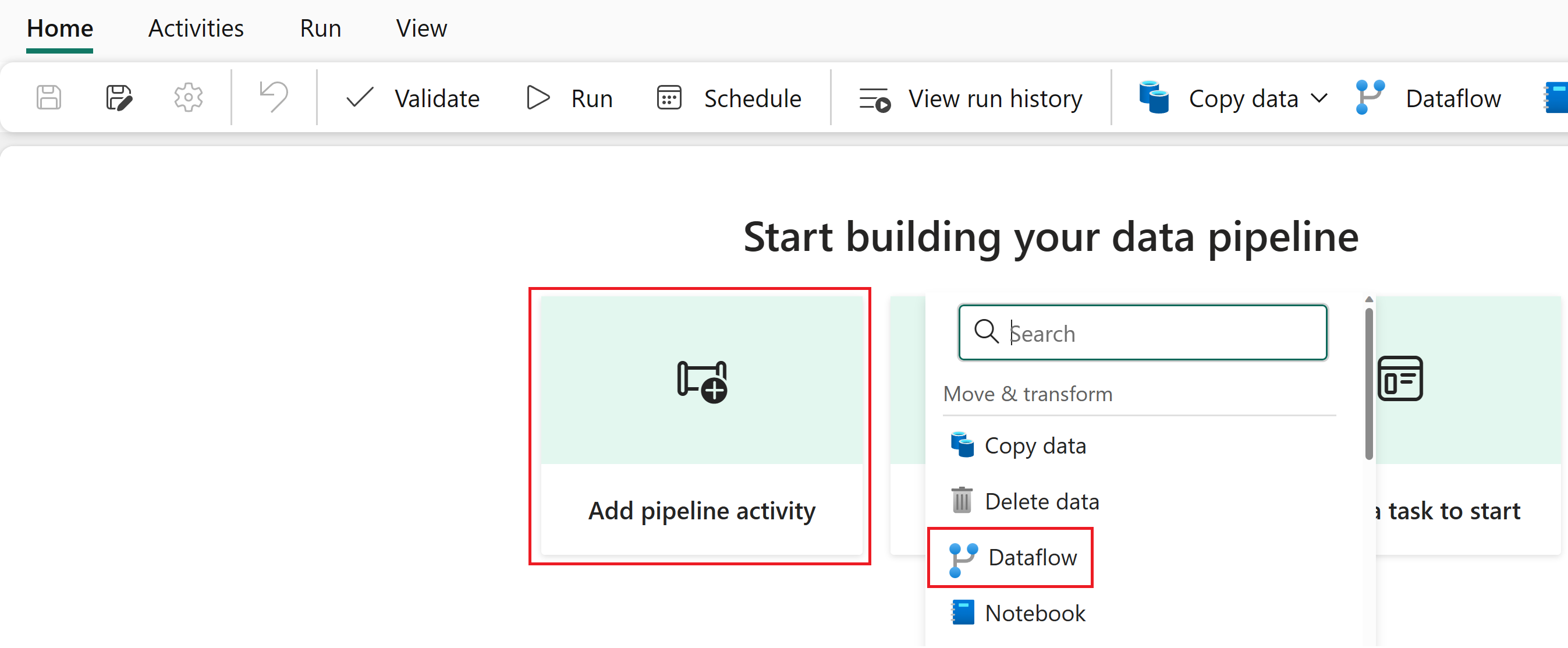 Screenshot dell'area di disegno della filigrana della pipeline e dell'opzione Aggiungi attività.