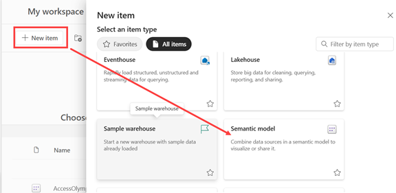 Screenshot che mostra come creare un nuovo modello semantico per avviare il processo di importazione.