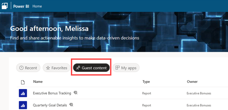 Screenshot del servizio Power BI con l'opzione Contenuto guest evidenziata.