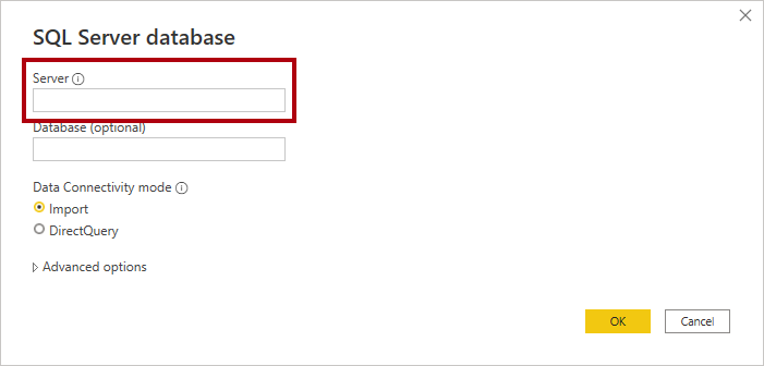 Screenshot che mostra la finestra Database di SQL Server usata per impostare il valore del server.