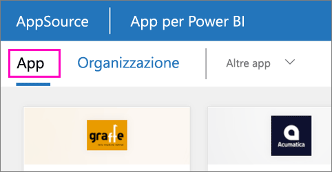 Screenshot che mostra le app che è possibile installare dalle app di Power BI.