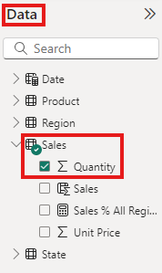 Screenshot del campo servizio Power BI quantità nella tabella sales del report di analisi delle vendite degli Stati Uniti.