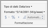 Screenshot che mostra il pannello Formattazione con il tipo di dati e il formato Data ora selezionati.