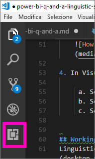 Screenshot del menu a sinistra in Visual Studio Code con l'icona Estensioni evidenziata.