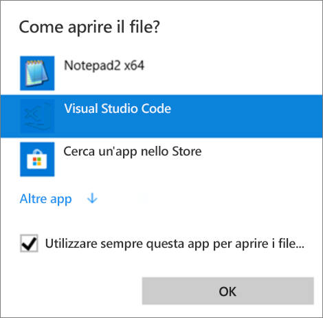 Screenshot della finestra di dialogo che mostra un elenco di programmi per aprire il file. Visual Studio Code e Always sono evidenziati.