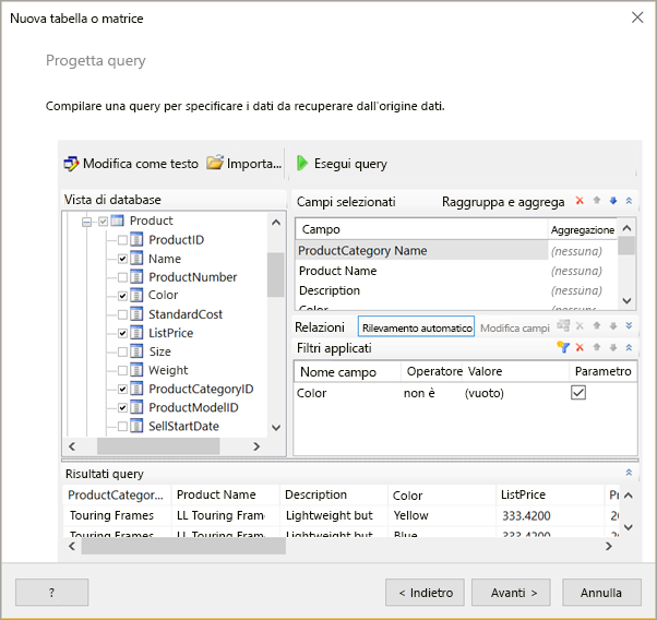 Screenshot della finestra di dialogo Progettazione query.