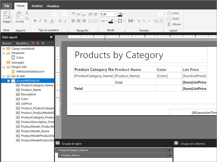 Screenshot del set di dati nella visualizzazione Struttura report.