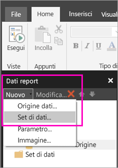 Screenshot che mostra l'opzione per creare un nuovo set di dati.