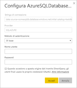 Screenshot della finestra di dialogo per configurare il database SQL di Azure.