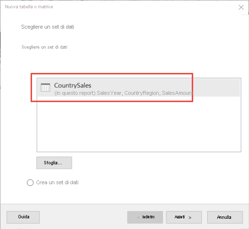Screenshot della finestra di dialogo Scegliere un set di dati.