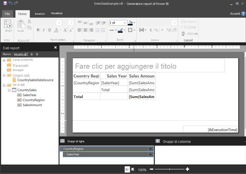 Screenshot del report nella visualizzazione Progettazione.