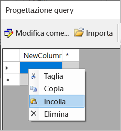 Screenshot dell'opzione Incolla in Progettazione query.