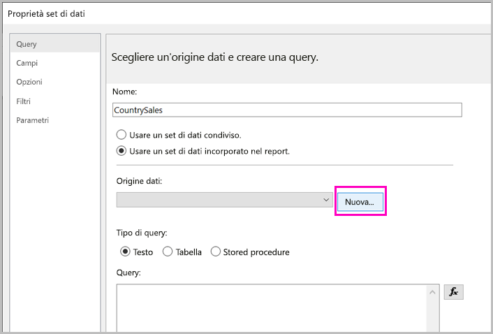 Screenshot del pulsante Nuova origine dati incorporata.
