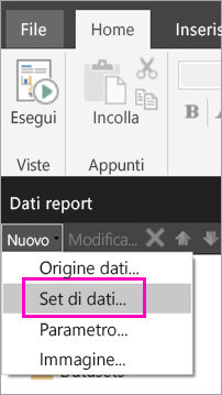 Screenshot dell'opzione Set di dati nel riquadro Dati report.