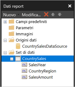 Screenshot dei set di dati nel riquadro Dati report.