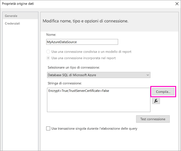 Screenshot che mostra dove selezionare l'opzione Compila in Proprietà origine dati.