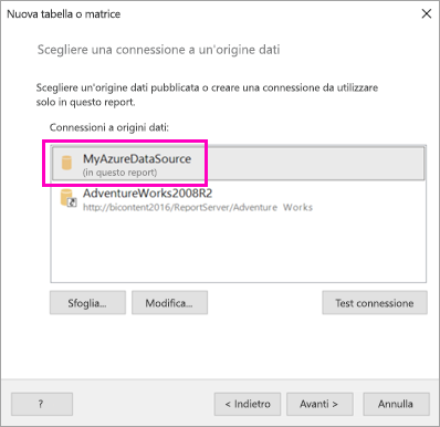 Screenshot che mostra dove selezionare l'origine dati.