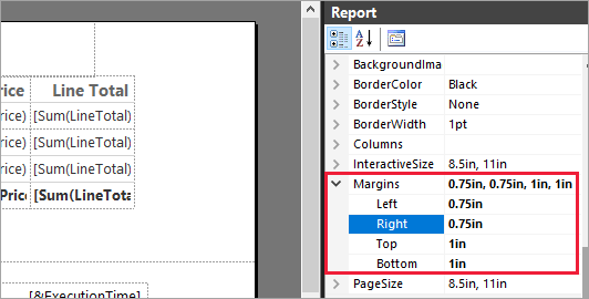 Screenshot delle proprietà del report, che mostra dove visualizzare e modificare i margini del report.