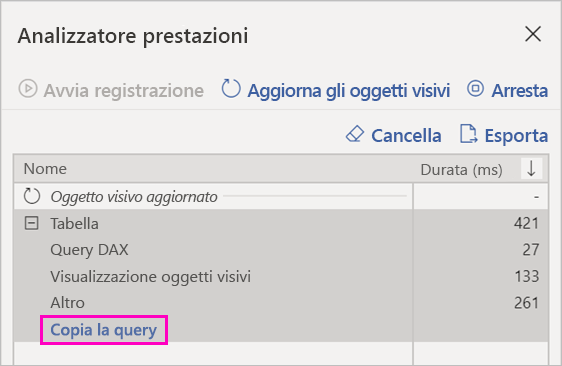 Screenshot del collegamento Copia query nell’analizzatore prestazioni.