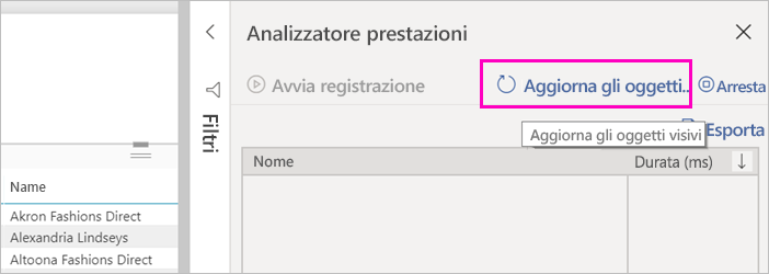 Screenshot del pulsante Aggiorna oggetti visivi nell’analizzatore prestazioni.