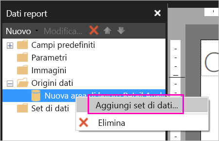 Screenshot dell'opzione Aggiungi set di dati in Origini dati.