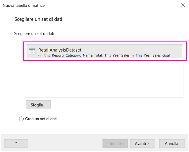 Screenshot delle opzioni del set di dati nella procedura guidata Tabella.