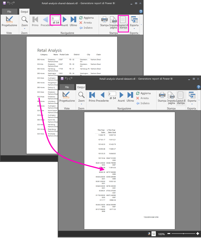 Screenshot del layout di Stampa report.