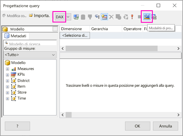 Screenshot del riquadro Progettazione query del Report Builder.