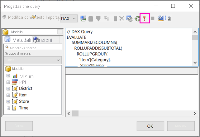 Screenshot del pulsante Esegui query in Progettazione query.