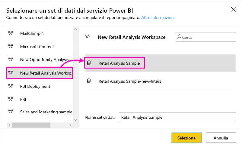 Screenshot che mostra i set di dati dai quali selezionare.
