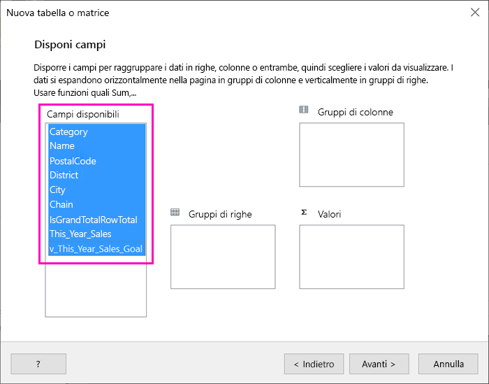 Screenshot dei campi disponibili nella procedura guidata Tabella.