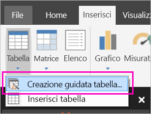 Screenshot del pulsante Procedura guidata tabella sulla barra multifunzione Inserisci.