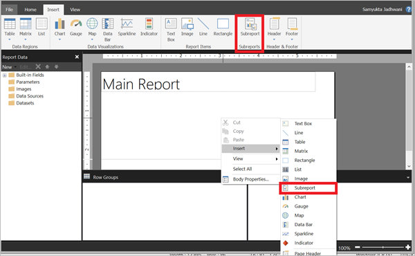 Screenshot che mostra Inserisci un sottoreport in un report.