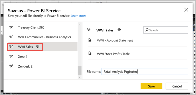 Screenshot che mostra Salva con nome nel servizio Power BI.