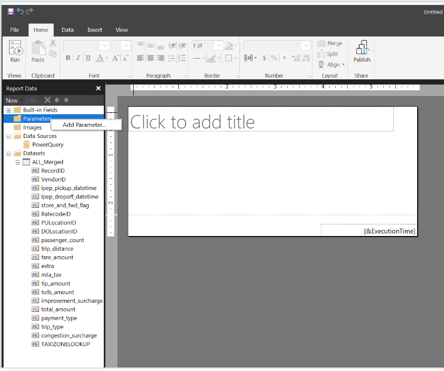 Screenshot che mostra l'aggiunta di un parametro in Power BI Report Builder.