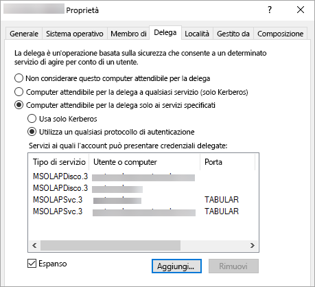 Screenshot di Report di Power BI che mostra la scheda Delega della finestra Proprietà.