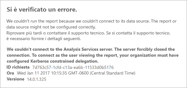 Screenshot di Report di Power BI che mostra il messaggio di errore relativo ai problemi di connessione con il server di Analysis Services.