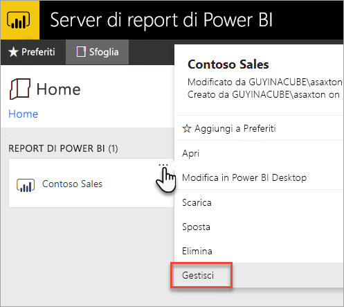 Selezionare Gestisci dal menu di scelta rapida del report di Power BI