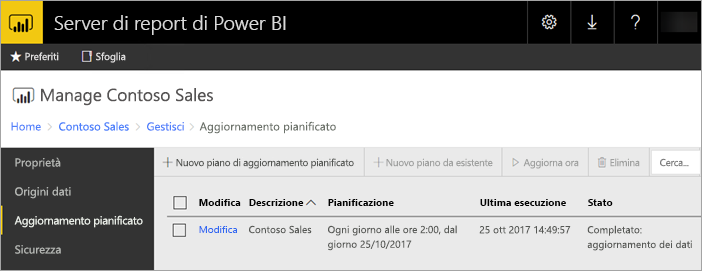 Aggiornamento pianificato riuscito di un report di Power BI