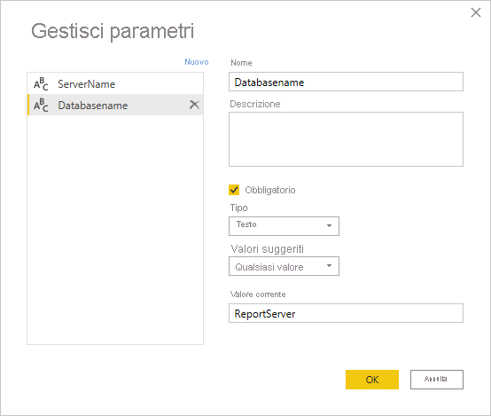 Gestire i parametri, impostare ServerName e Databasename.