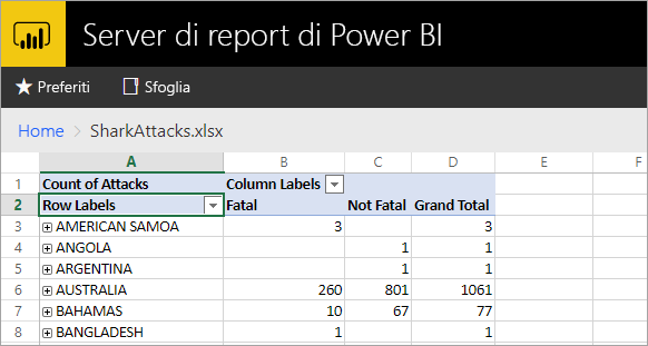 Report di Excel visualizzati dal portale Web del server di report