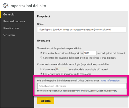 Impostazioni del sito per il Server di report di Power BI.