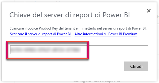 Screenshot di Server di report di Power BI codice Product Key.