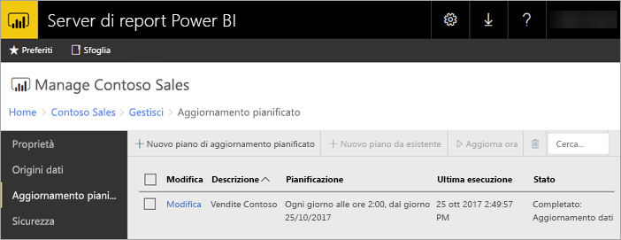 Aggiornamento pianificato nel server di report di Power BI