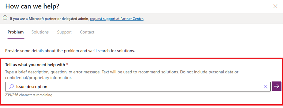 Screenshot della scheda Problema, che mostra dove immettere la descrizione del problema.