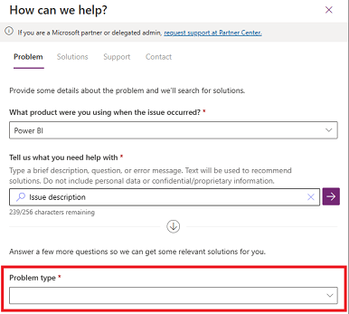 Screenshot della schermata Come possiamo aiutarti, che mostra dove trovare il campo Tipologia del problema.