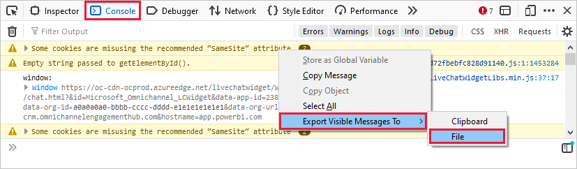 Screenshot dell'opzione Console selezionata ed esporta messaggi visibili visualizzata.