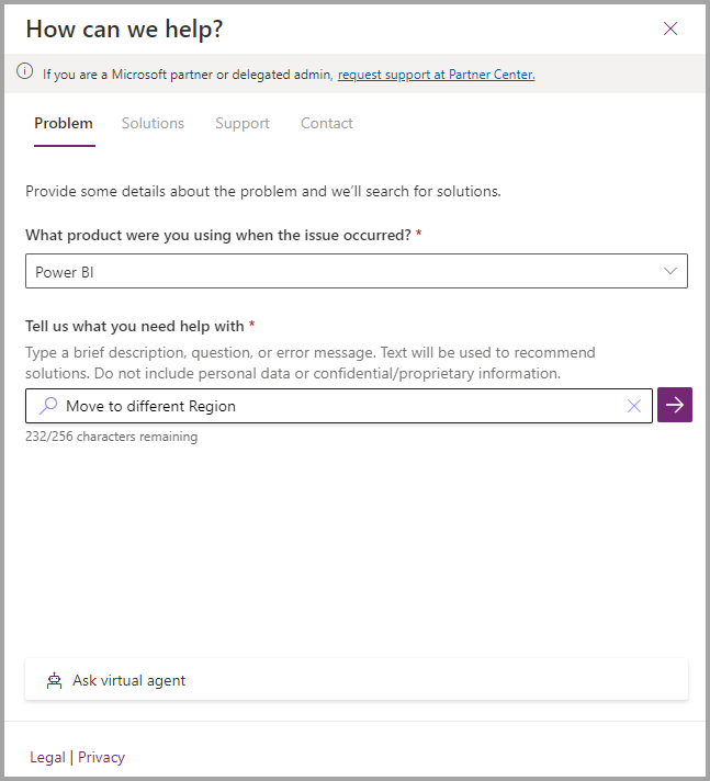 Screenshot che mostra le voci di campo per una nuova richiesta di supporto per lo spostamento di un'area nell'interfaccia di amministrazione di Power Platform.