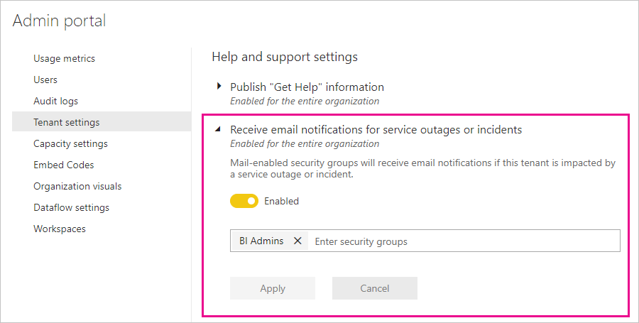 Screenshot della schermata impostazioni del tenant di Power BI con le notifiche di servizio abilitate.